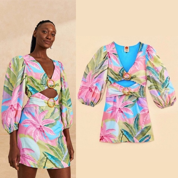 Farm Rio- BEACH VIBE LINEN BLEND CUTOUT DRESS In Blue Size Medium Palm Trees - Picture 1 of 11